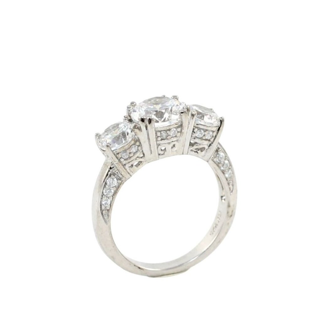 New Solid Sterling Silver Clear Cz Three Stone Ri… - image 1